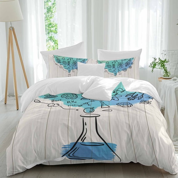 Chemical Formula Beaker on Wood Grain Queen Size Bed Set,School Season Bedding for All Seasons,4 Pcs Bed Set,1 Quiltcover (90"x92"),1 Sheet(94"x116"),2 Pillowcases (30"x20")