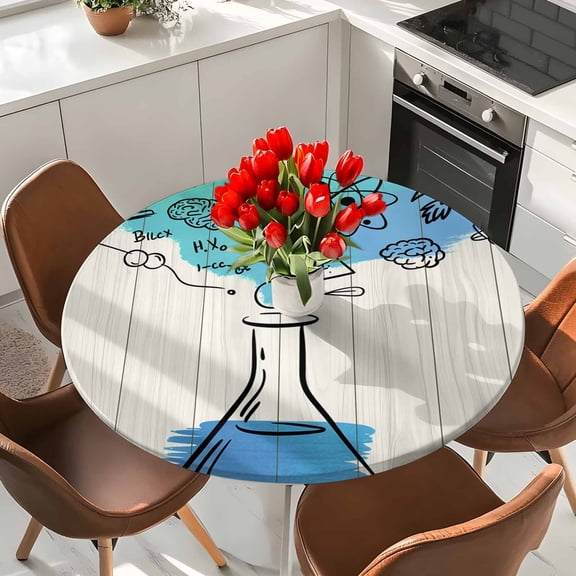 Chemical Formula Beaker on Wood Grain Round Fitted Tablecloth with Elastic Edge,Waterproof Table Cloth Fits Tables Up to 36"-44",Washable Table Cover for Indoor Outdoor Dinning Party,School Season