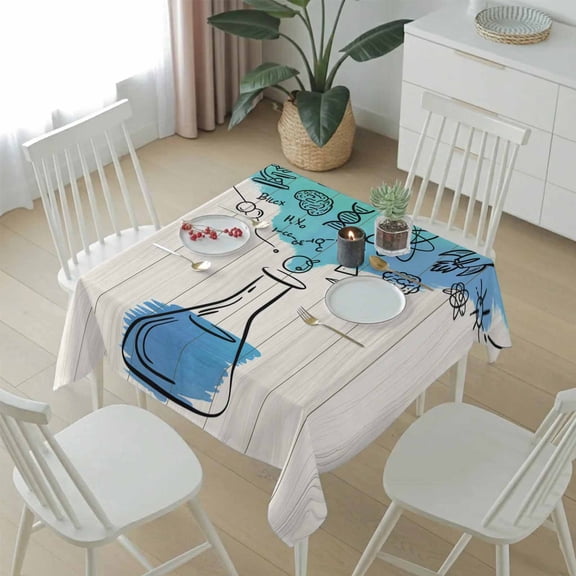 Chemical Formula Beaker on Wood Grain Table Cloth 54x54in, Waterproof Square Tablecloth Wipeable Tablecloths School Season Table Covers for Dining Tables Party Indoor Outdoor