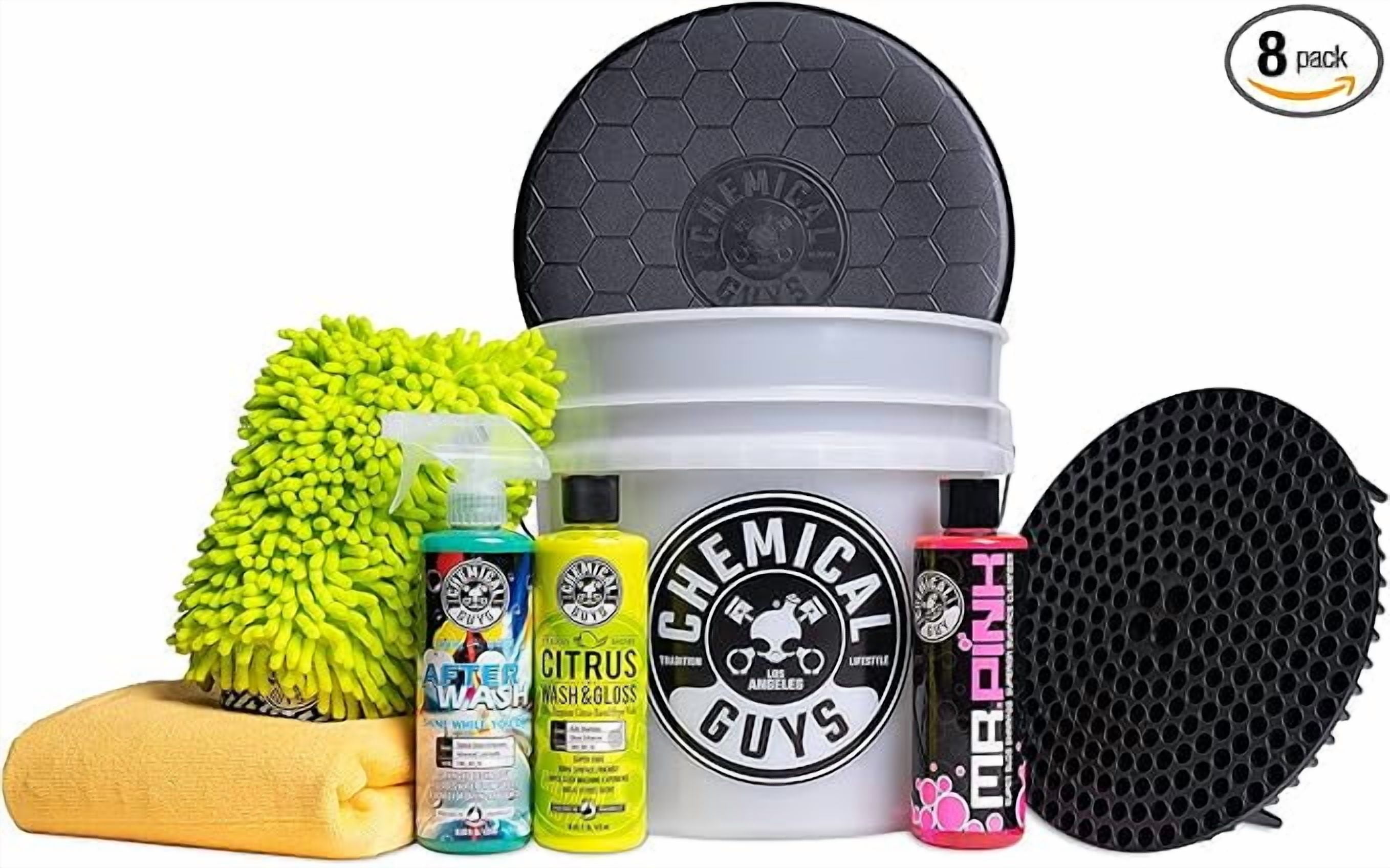 Chemical Guys Car Cleaning Kit, Complete Car Wash Kit with Soap, Wash Bucket, 3-16 oz Car Care Cleaners, Interior and Exterior Cleaning Essentials, 8 Item Detailing Set