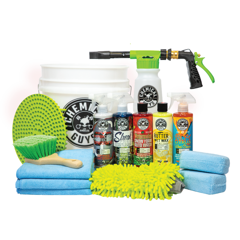 Chemical Guys HOL340 15-Piece Arsenal Builder Car Wash Kit with Foam Gun, Bucket, and (5) 16 oz Car Care Cleaning Chemicals, Gift for Car & Truck Lovers, Dads and DIYers (Works w/Garden Hose)