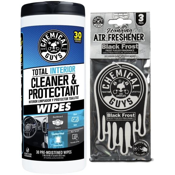 Chemical Guys Interior Maintenance Kit Cleaning Wipes + Black Frost 3 Pack Air Fresheners