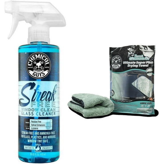 Chemical Guys Premium Dry & Shine Car Care Bundle Ultra Plush Drying Towel + Streak-Free Glass Cleaner