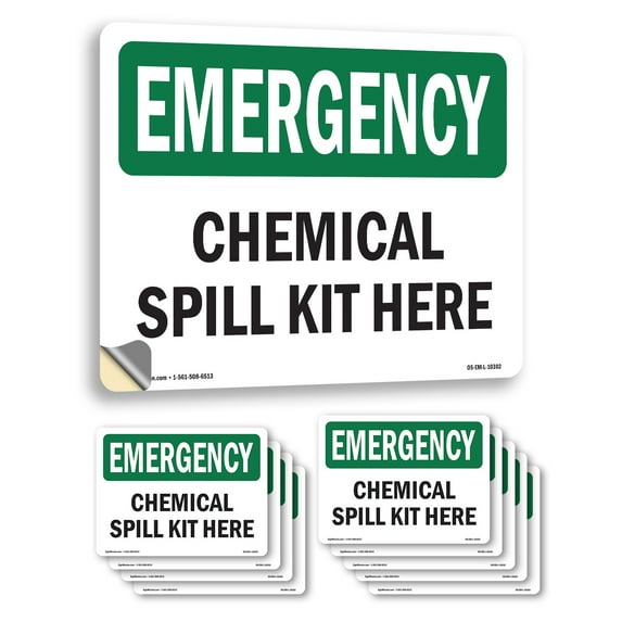 Chemical Spill Kit Here OSHA Emergency Vinyl Decal Label 14 Inch x 10 Inch - 10 Pack