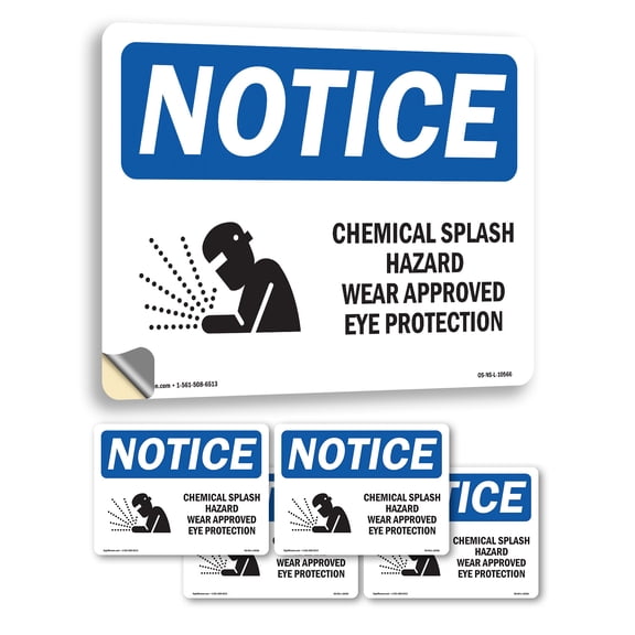 Chemical Splash Hazard Wear With Symbol OSHA Notice Vinyl Decal Label 5 Inch x 3.5 Inch - 5 Pack