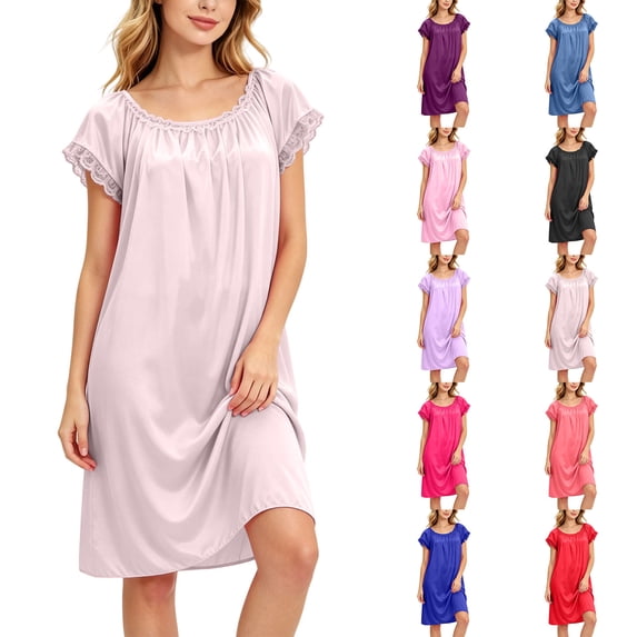 Chemise Nightgowns for Women Zaewscy Lady's Home-style Short-sleeved Lace Nightgown Beige Free Size
