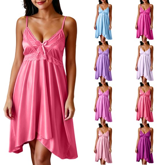 Chemise Nightgowns for Women Zaewscy Women's Casual Summer Short-style Lace Knee-length Nightgown With Bow Decoration Watermelon Red Free Size