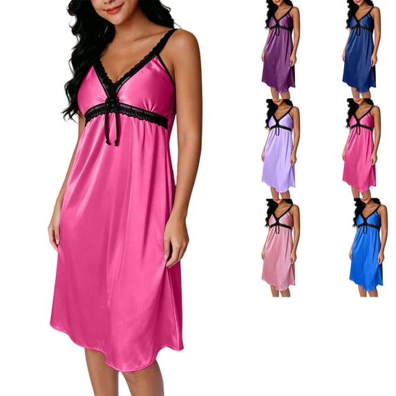 Chemise Nightgowns for Women Zaewscy Women's Home-use Summer Lightweight Lace-embroidered V-neck Short Nightgown Hot Pink Free Size