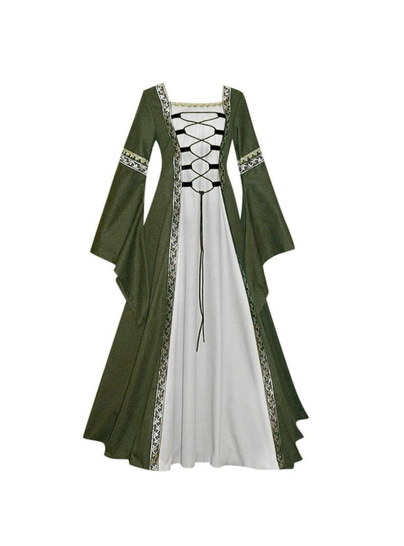 Chemise Renaissance Dress for Women Flared Sleeve Gothic Gowns with Lace Up Bandage Medieval Contrast Color Dress