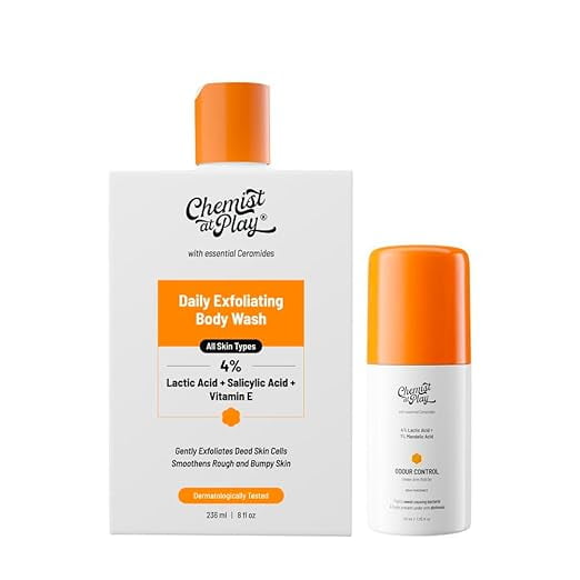 Chemist At Play Exfoliating Body Wash + Under-Arm Roll-On, Aqua Fragrance | Prevent Dry, Rough, Bumpy Skin, Brightens Skin & Exfoliates Underarm| For Men & Women | 236ml + 40ml