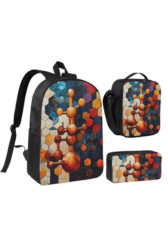 Chemistry Patterns Art 17-inch Laptop Backpack 3-Piece Set with Insulated Lunch Bag and Accessory Pouch, Rucksack for Teens Adults
