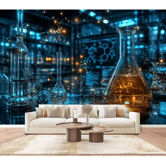 Chemistry laboratory science Wallpaper Glass Flasks Glowing Molecular Network Peel and Stick Wall Murals 100"H x 144"W Removable PVC Wall Paper Self-Adhesive Wall Decor for Bedroom Living Room