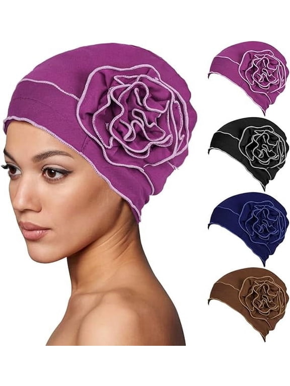Chemo Headwear Turbans Cap Beanie Hat Head 4 Pcs, Hair Coverings for Women Sleep Cap Elastic Chemo Cancer Hat with Flower Design