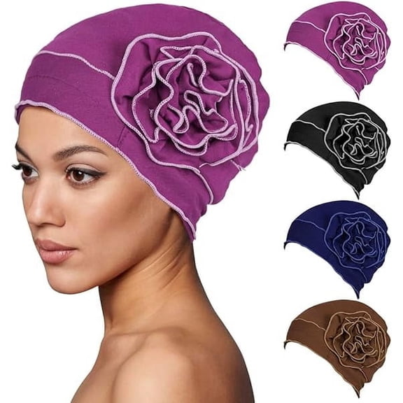 Chemo Headwear Turbans Cap Beanie Hat Head 4 Pcs, Hair Coverings for Women Sleep Cap Elastic Chemo Cancer Hat with Flower Design