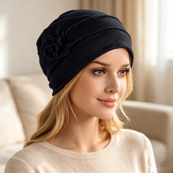 Chemo Headwear for Women Flower Beanies with Stretch Elastic Turbans Soft Cancer Hats Head Coverings Scarf Headwraps Black One Size