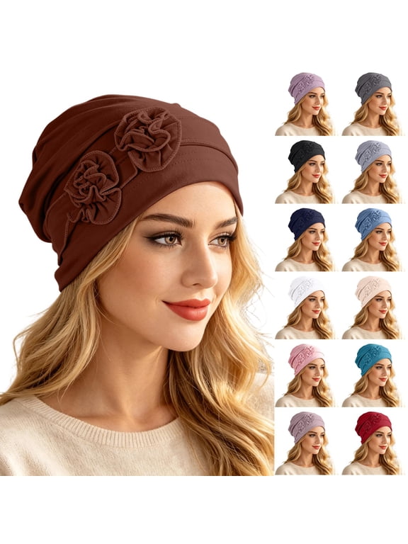 Chemo Headwear for Women Flower Pleated Beanies Stretch Elastic Turbans Soft Cancer Hats Head Coverings Scarf Camel One Size