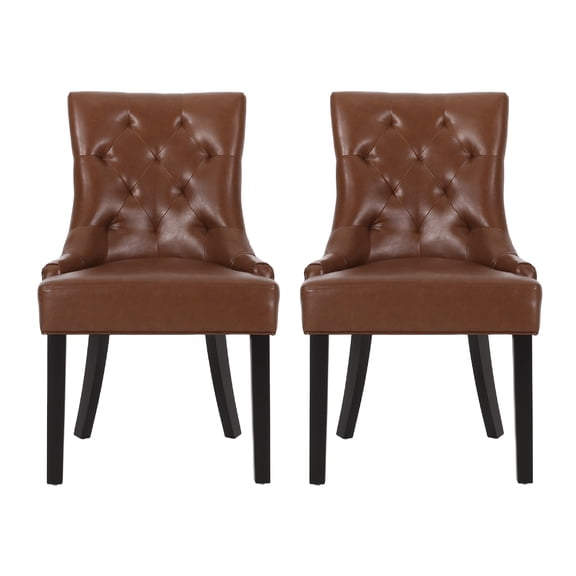 Chen Dining Chair Set of 2, Diamond Tufted Back, Brown Faux Leather