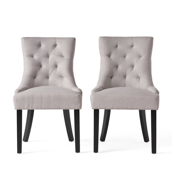 Chen Dining Chair Set of 2, Light Gray Fabric, Tufted Back, Wood Frame