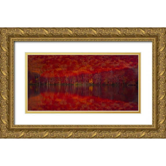 Chen, Liang 32x18 Gold Ornate Wood Framed with Double Matting Museum Art Print Titled - Burning red leaves