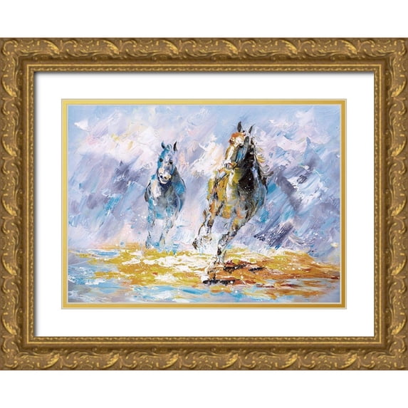 Chen, Y.C. 14x11 Gold Ornate Wood Framed with Double Matting Museum Art Print Titled - Horses Running Oil Painting