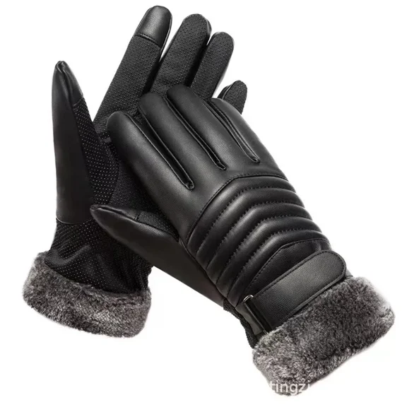 Chen Yuming Gloves Winter MEN'S Fur Mouth Plush Insulation Gloves Outdoor Cycling Motorcycle PU Touch Screen Cotton Gloves