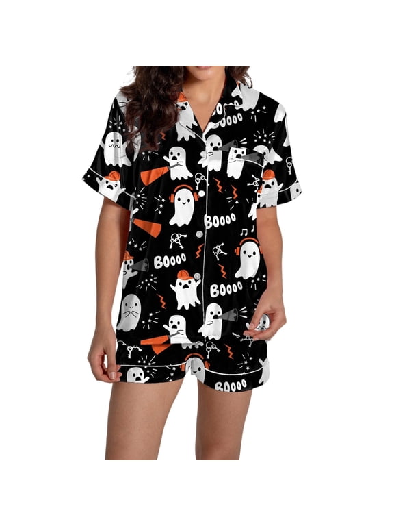 ChenYiFH Under $12 Silk Satin Pajama Set for Women 2 Piece Lounge Pjs Shorts Matching Summer Sleepwear Button Down Shirt Shorts Black L