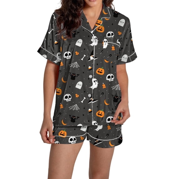 ChenYiFH Under $12 Womens Pajama Sets Pink Flower Print Buttoned Drawstring Waist Lounge Set Short Sleeve Top and Shorts Gray XXL