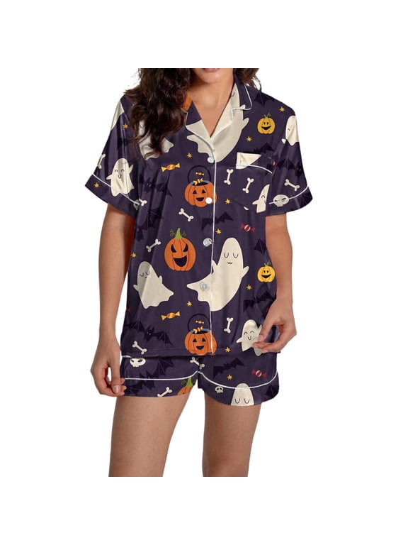 ChenYiFH Womens Pajama Sets Halloween Ghost Pumpkin Print Short Sleeve Button Sleep Shirt and Elastic Waist Shorts Lounge Set