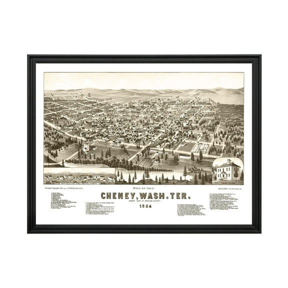 Cheney Art, 1884 Vintage Map of Cheney Washington, WA History Wall Decor Gift, Old Cheney Map - 24" x 18" Black Framed Print