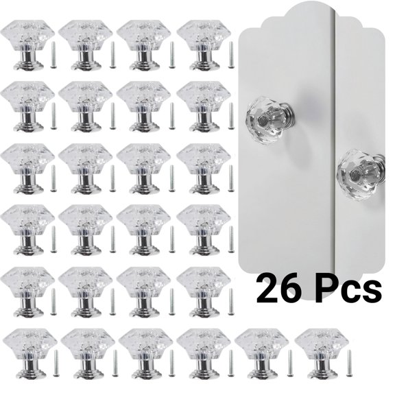 Qianfeng 26 Pcs Clear Crystal Drawer Knobs, 24mm Diamond-Shaped Acrylic Cabinet Handles for Drawers and Cabinets