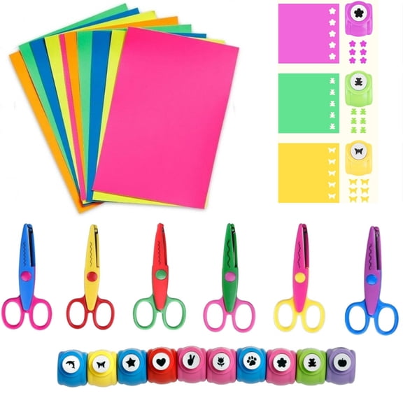 Chenfeng Craft Scissors and Hole Punch Set, 26 Pcs with Decorative Edge Scissors, Shape Punches