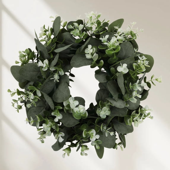 Chenfeng Small Eucalyptus Wreath with White Flowers - Artificial Door Hanging Decor, 38cm Outer / 14cm Inner