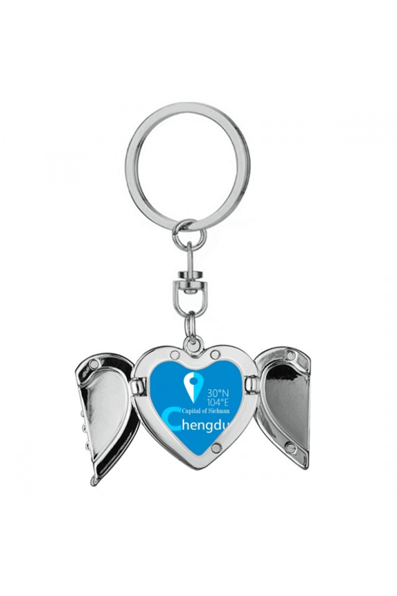 Chengdu Geography Coordinates Travel Heart Angel Wing Key Chain Holder