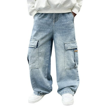 Chenglor Boys Cargo Baggy Pants Elastic Waist Wide Leg Jeans Casual Demin Pants with Pockets #Blue(4-14 Years)
