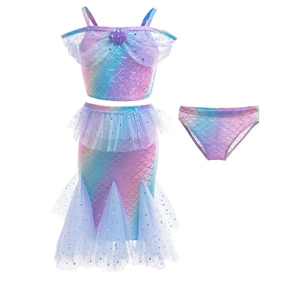 Chenglor Mermand Swimwear Children's Spring And Summer Mermaiii Merwoman Beauty Fish Hot Spring Resort Beach Sunscreen Quick Drying Swimsuit Three Piece Set #Light Blue 7-8 Years
