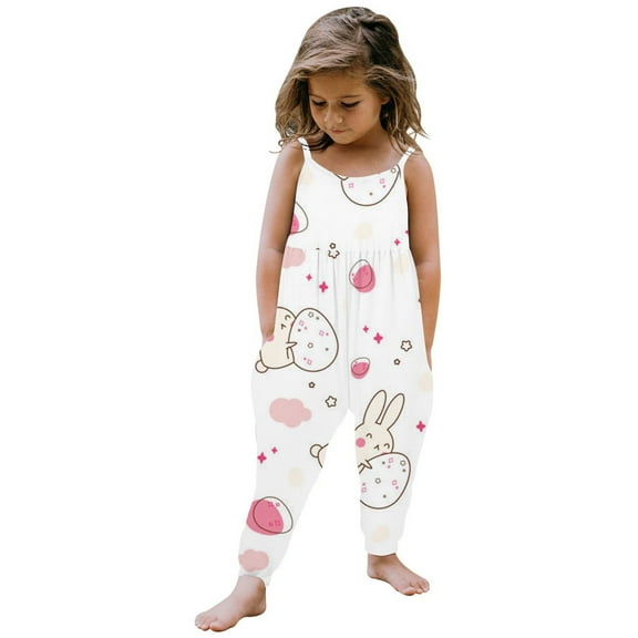 Chenglor Toddler Floral Cartoon Easter Bunny Playsuit Girls Kids Baby Jumpsuit Strap Romper Summer Outfits Clothes #White 1-2 Years