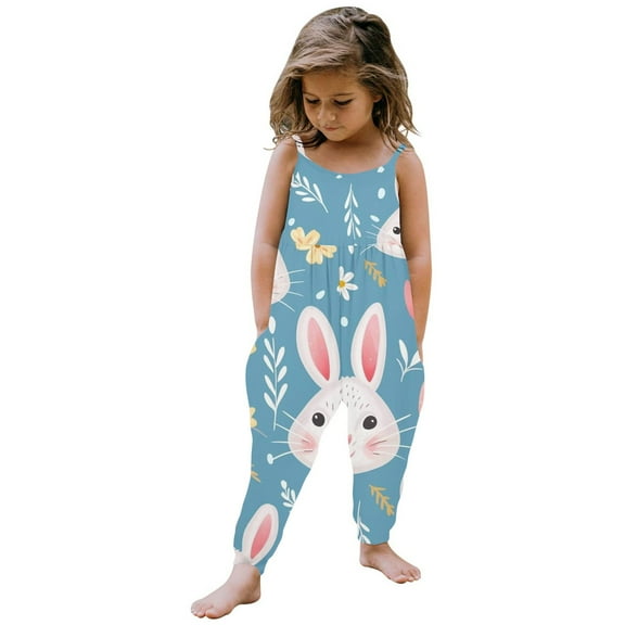 Chenglor Toddler Girls Baby Romper Girl Jumpsuit Kids Floral Cartoon Easter Bunny Playsuit Strap Romper Summer Outfits Clothes #Light Blue 7-8 Years