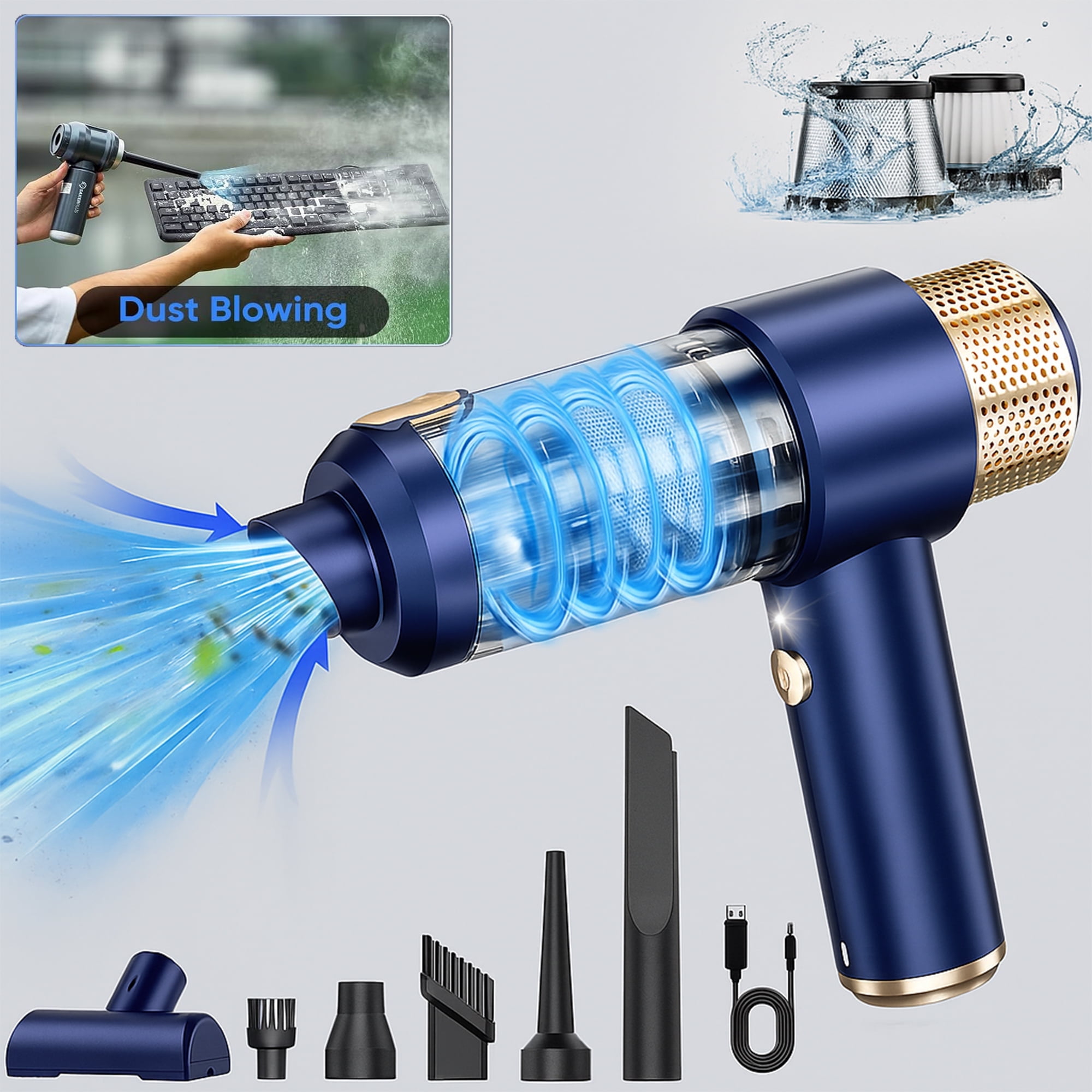 TIKBBRMG Car Vacuum Cleaner, Handheld Cordless Vacuum ,13000PA Suction Portable Mini Small Rechargeable with LED Light For Car Pet Home Office Keyboard Cleaning (Blue)