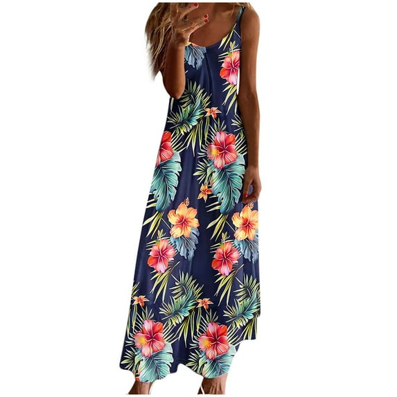 Chengzhi Long Dresses for Women Summer Casual Print Sleeveless Dress Round Neck Summer Fall Maxi Dresses
