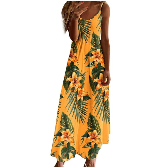 Chengzhi Long Dresses for Women Summer Casual Print Sleeveless Dress Round Neck Summer Fall Maxi Dresses
