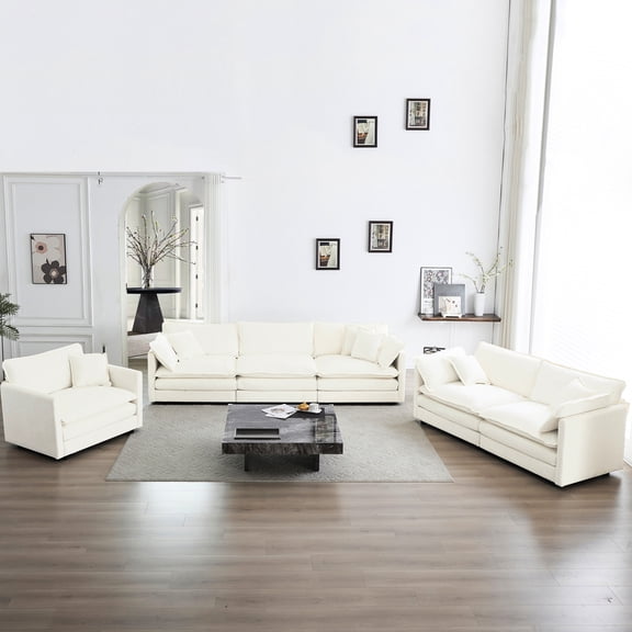 Chenille 3 - Extra Deep Seat White Sectional 3 Piece , Living Room Oversized With High Breathable Fabric & Quality Sponge