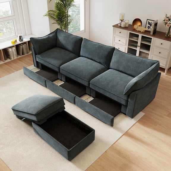 Chenille 3-Seater Sectional Sofa with Movable Ottoman - Wide & Deep Seat