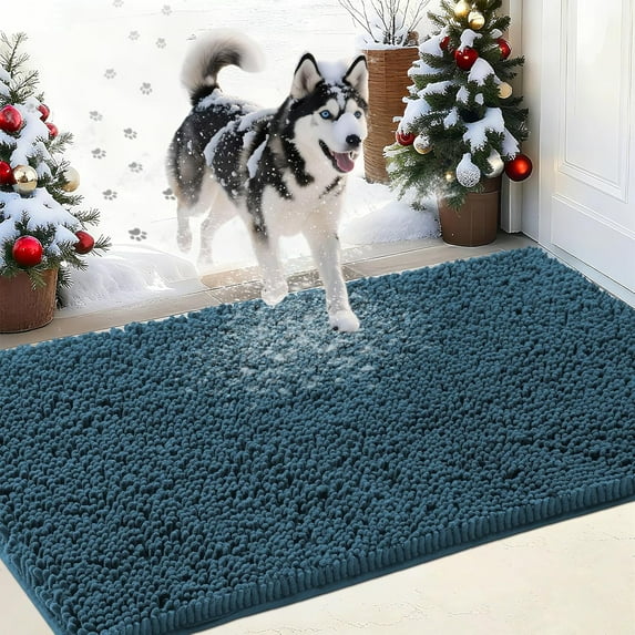 HAKUNA Chenille Absorbent Outdoor Doormat 30" x 20", Washable Muddy Door Mats for Dog Non Slip Indoor Doormat Dog Mat for Muddy Paw Front Inside Doormats for Entryway Atlantic Blue
