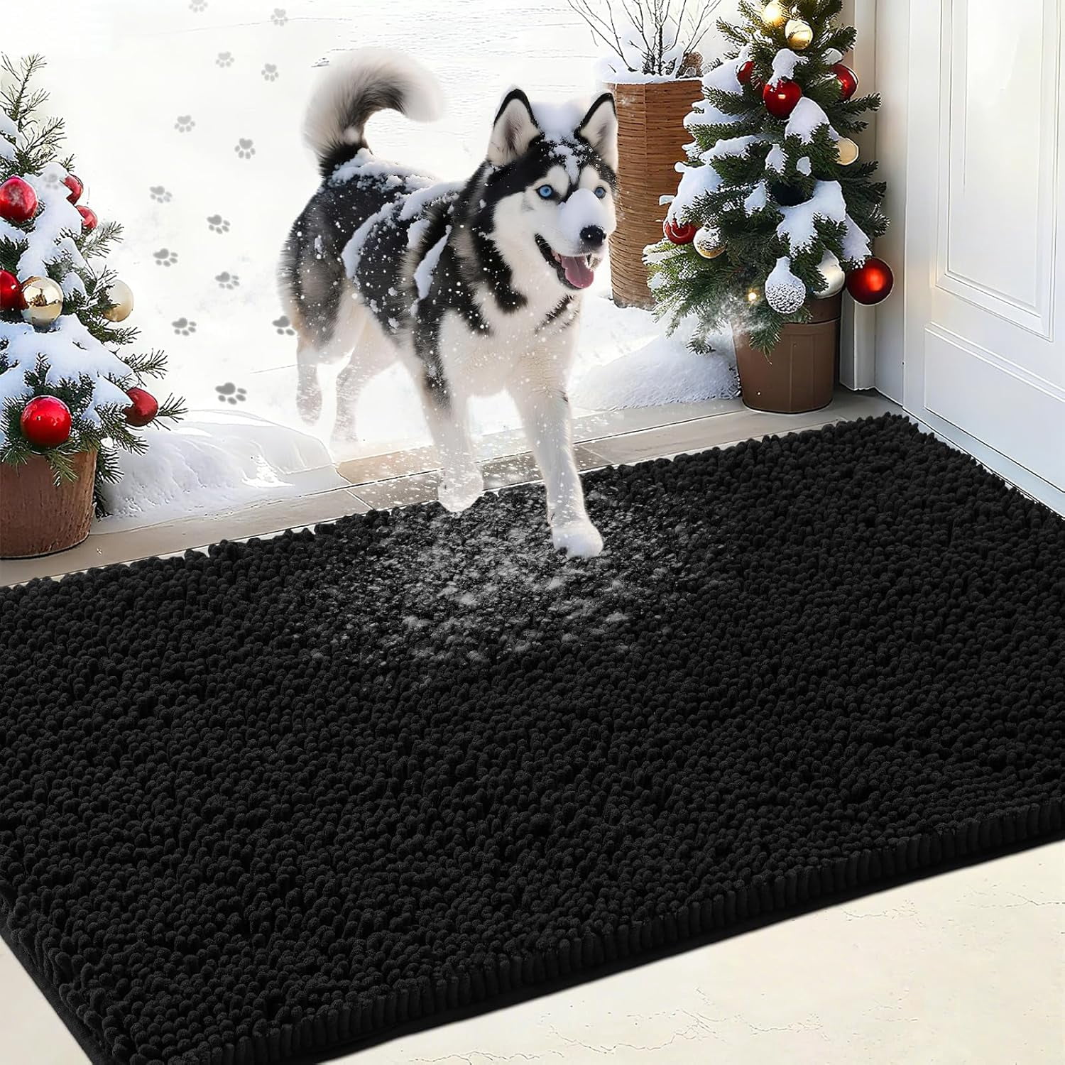 Chenille Absorbent Outdoor Doormat 36" x 24", Washable Muddy Door Mats for Dog Non Slip Indoor Doormat Dog Mat for Muddy Paw Front Inside Doormats for Entryway Black