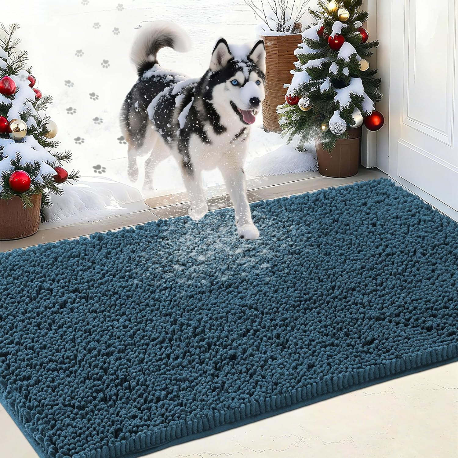 HAKUNA Chenille Absorbent Outdoor Doormat 48" x 30", Washable Muddy Door Mats for Dog Non Slip Indoor Doormat Dog Mat for Muddy Paw Front Inside Doormats for Entryway Atlantic Blue