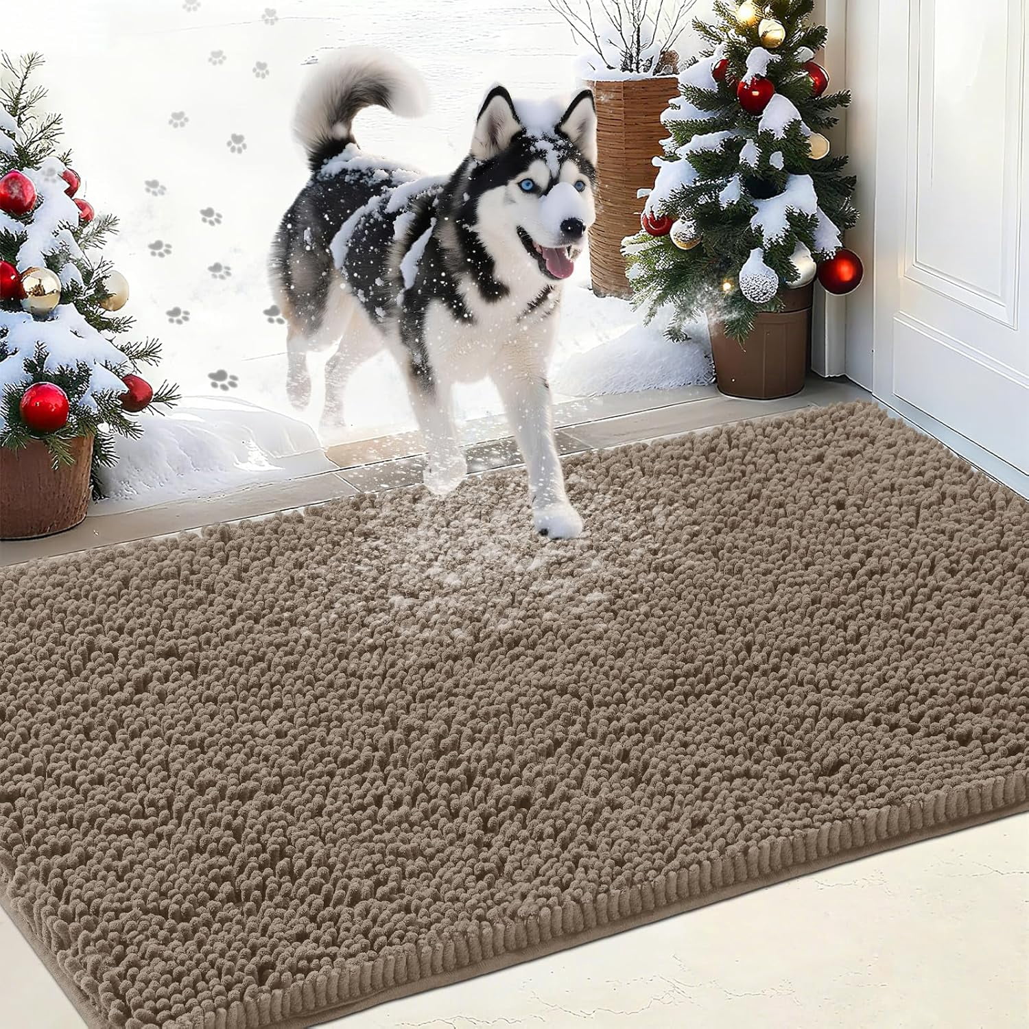 Chenille Absorbent Outdoor Doormat 60" x 36", Washable Muddy Door Mats for Dog Non Slip Indoor Doormat Dog Mat for Muddy Paw Front Inside Doormats for Entryway Beige
