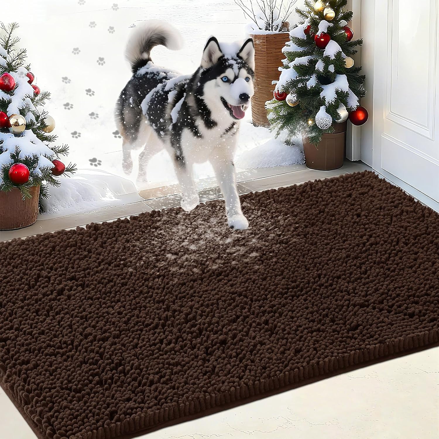 Chenille Absorbent Outdoor Doormat 60" x 36", Washable Muddy Door Mats for Dog Non Slip Indoor Doormat Dog Mat for Muddy Paw Front Inside Doormats for Entryway Brown