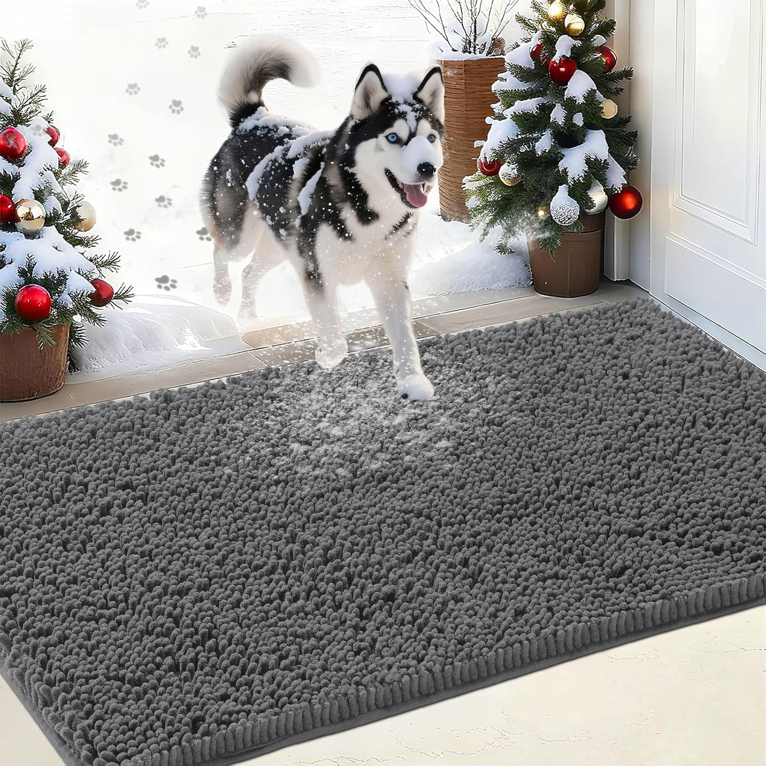 Chenille Absorbent Outdoor Doormat 60" x 36", Washable Muddy Door Mats for Dog Non Slip Indoor Doormat Dog Mat for Muddy Paw Front Inside Doormats for Entryway Grey