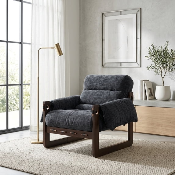Chenille Accent Chair with Rolled Arms and Wooden Frame - Dark Gray