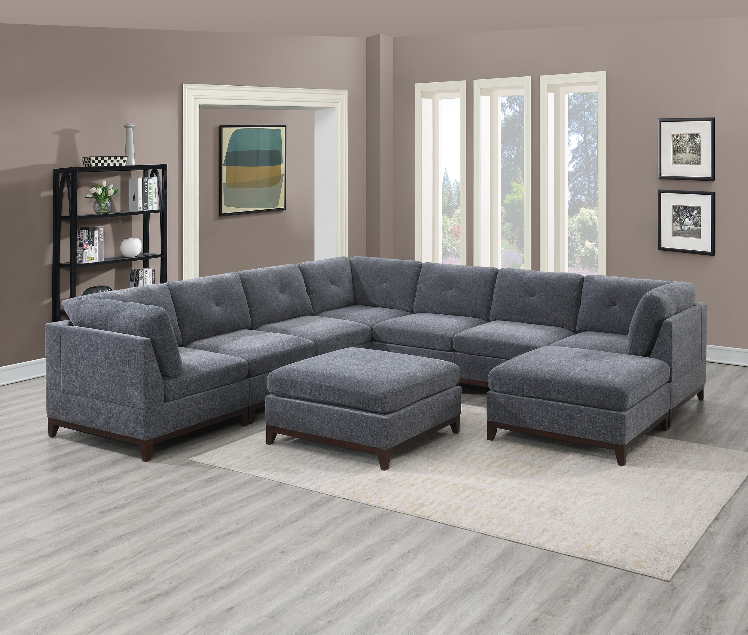 Chenille Ash Grey Large Sectional Sofa Set Corner Wedge Ottoman Chairs